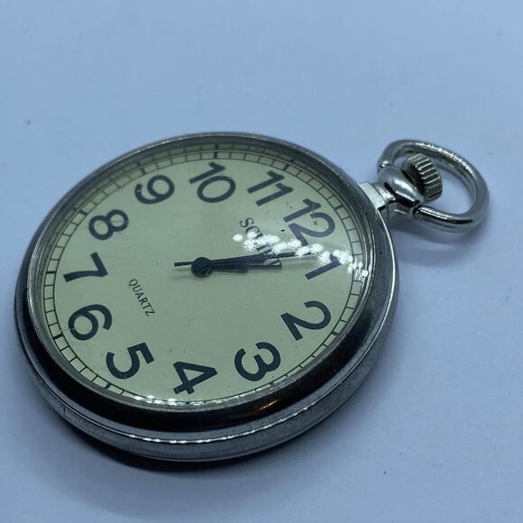 Script Brand Vintage Silver Tone Open Face Retro Pocket Watch *FRESH BATTERY* - Picture 2 of 5